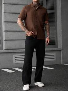 Manfinity CasualCool Men's Solid Color Short Sleeve Single-Breasted Shirt, Streetwear, Casual, Summer - Brown - View 3