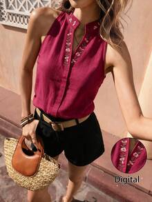 Elouméa Women's Floral Print Stand Collar Sleeveless Top, Summer, Elegant, Office Commute - Hot Pink - View 1