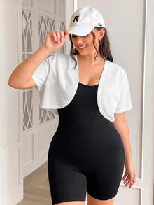 SHEIN EZwear 大尺碼女款純色休閒寬鬆哥德風百搭短袖夾克，適合日常穿著、秋季正式場合、教師、白色居家服、辦公室 - 白色 - 查看 2