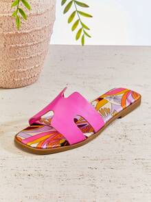 VACAZURE Super H Cut-Out Fuchsia Color Square Toe Flat Slip On Sandal Shoe Spring Shoes Spring Break Easter Vacation Shoes Casual Shoes Beach Shoes Mother's Day Present Summer Shoes - Pink - View 6