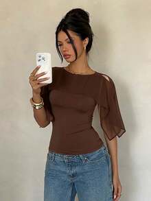Siren Gaze Women's Bohemian Style Chiffon Knit Blend Cold Shoulder Shawl Top,Summer Top - Brown - View 8