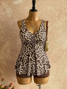 Swim Lushoire Plus Size Full Print V-Neck Swimdress With Solid Color Shorts Swimsuit Set Vacation Beige Summer - Coffee Brown - View 6