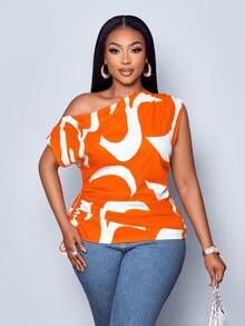 SOLERSUN Blusa asimétrica con hombro descubierto, cordón y fruncido lateral de talla grande con estampado geométrico para mujer, Estampado aleatorio, Top con un solo hombro - Naranja - Ver 2