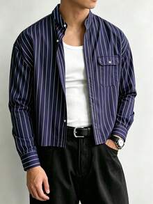 TONEVAULT Kemeja Kasual Pria Bergaris Lengan Panjang Kancing Tunggal dengan Kantong Serbaguna - Navy Blue - View 3