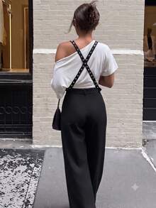 Avenya Low Waist Rivet & Ribbon Decor Wide Leg Slimming Drape Suit Pants, Casual Daily Commute Fall/Winter Autumn - Black - View 8