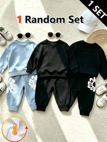 SHEIN 1 Random Set,Baby Boy Blue Letter Print Round Neck Long Sleeve Sweatshirt And Sweatpants Set Fall Autumn Back To School Rib-Knit Outfits - Multicolor - View 2