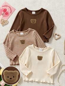 Kaos Anak Perempuan Korea Berkerut dan Bergaris, Atasan Lucu, Musim Gugur, Gaya Musim Gugur Terbaru, Gaya Musim Gugur, Set 3pcs/Set Little Bear Buatan Tangan - MultiWarna - View 5