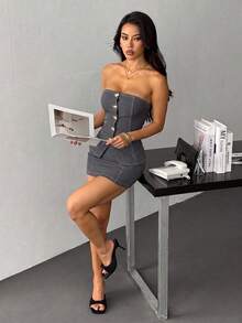 SHEIN PETITE 女款夏季兩件套套裝 | 辦公休閒貝殼設計與節慶穿搭 | 波希米亞風 - 灰色 - 查看 5