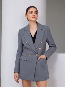 Aveloria Modichic Business Style Lapel Long Sleeve Plaid Double-Breasted Blazer Jacket  - Blue - View 2