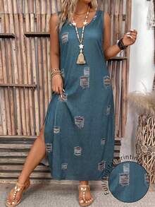 EMERY ROSE Vestido Casual de Vacaciones Talla Grande con Estampado de Efecto Denim - Multicolor - Ver 1