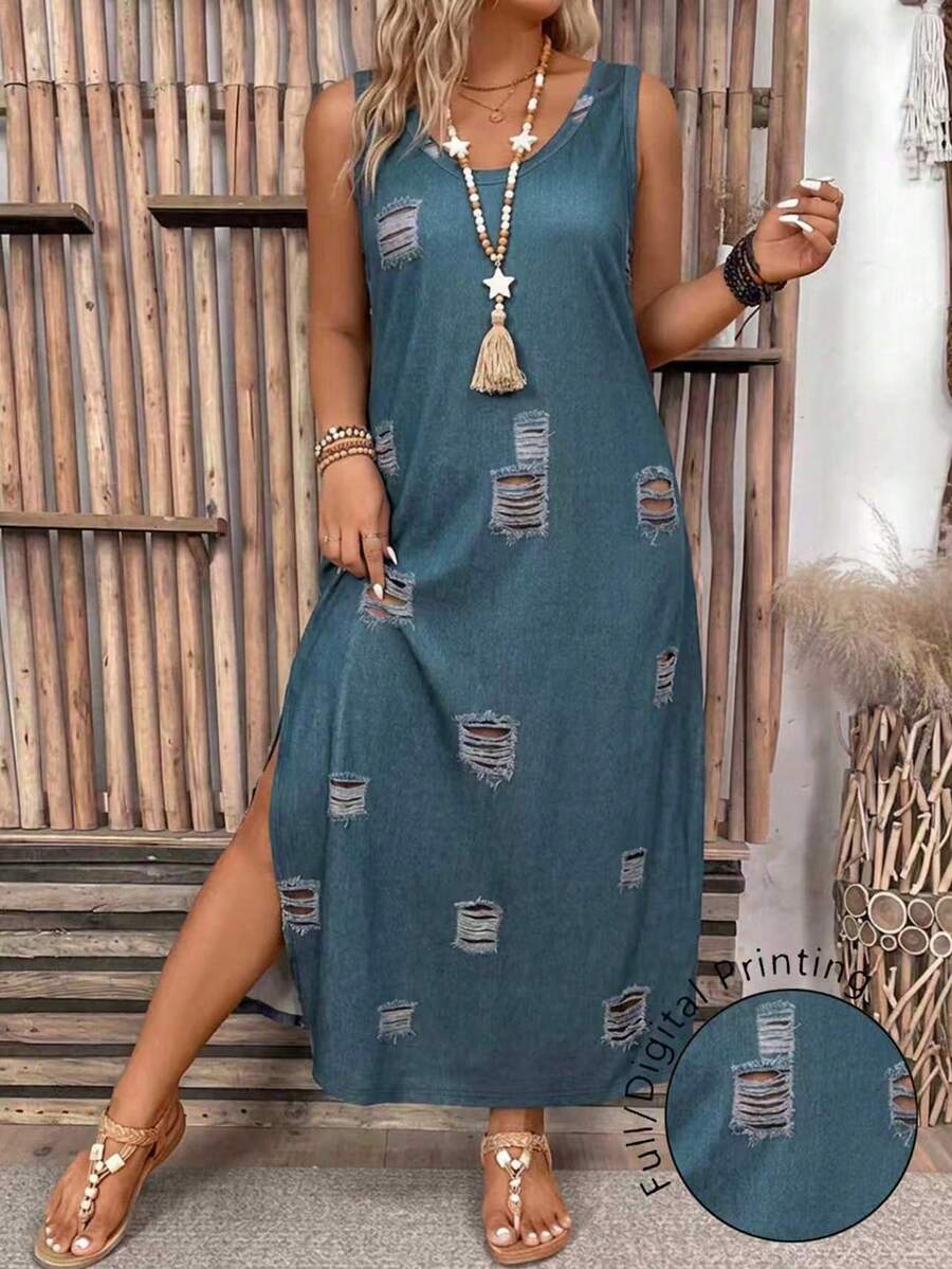 EMERY ROSE Vestido Casual de Vacaciones Talla Grande con Estampado de Efecto Denim - Multicolor - Ver 1