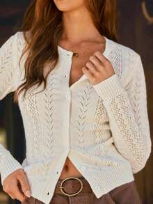 WESTFADE Button Front Long Sleeve Pointelle Knit Cardigan Sweater, Winter, Fall, Autumn, Cowgirl, Female Country Look, Back To School, Western, Rodeo, Cute Top - Beige - View 2