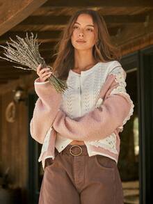 WESTFADE Button Front Long Sleeve Pointelle Knit Cardigan Sweater, Winter, Fall, Autumn, Cowgirl, Female Country Look, Back To School, Western, Rodeo, Cute Top - Beige - View 4