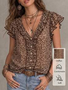Solivie Blusa Feminina de Verão com Estampa de Leopardo e Babados - Multicolorido - Visão 1