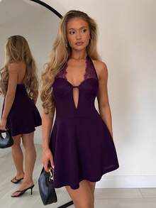 TRNVIE Women's Lace Patchwork Sexy Date Bar Party Night Short Dress Dark Purple Summer - Lilac Purple - View 5