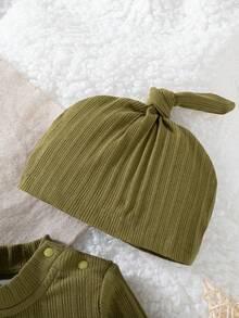 SHEIN 新生兒秋冬軍綠色針織羅紋時尚休閒長袖圓領肩開口連身衣，附可愛護頭帽 - 綠色 - 查看 4