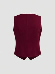 Yalmera Women's Solid Color Button Formal Fitted Vest Jacket - Burgundy - View 2