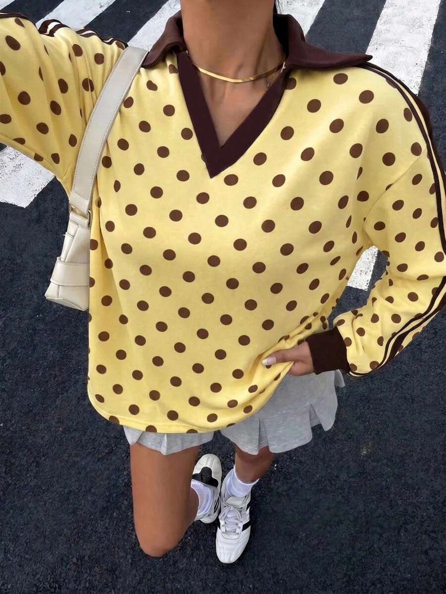 Muchica 女款 Polo 領長袖寬鬆運動衫,黃色咖啡波點,返校季現代都市時尚商務休閒辦公穿搭,低調風 - 彩色 - 查看 1