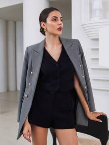 Aveloria Modichic Business Style Lapel Long Sleeve Plaid Double-Breasted Blazer Jacket  - Blue - View 5