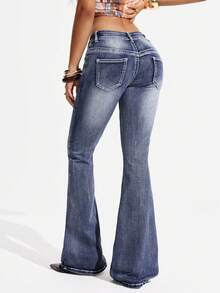 Jeanoix Quần jeans ống loe thời trang Y2K dành cho nữ cỡ lớn, đa năng. - Rửa tối - Xem 2