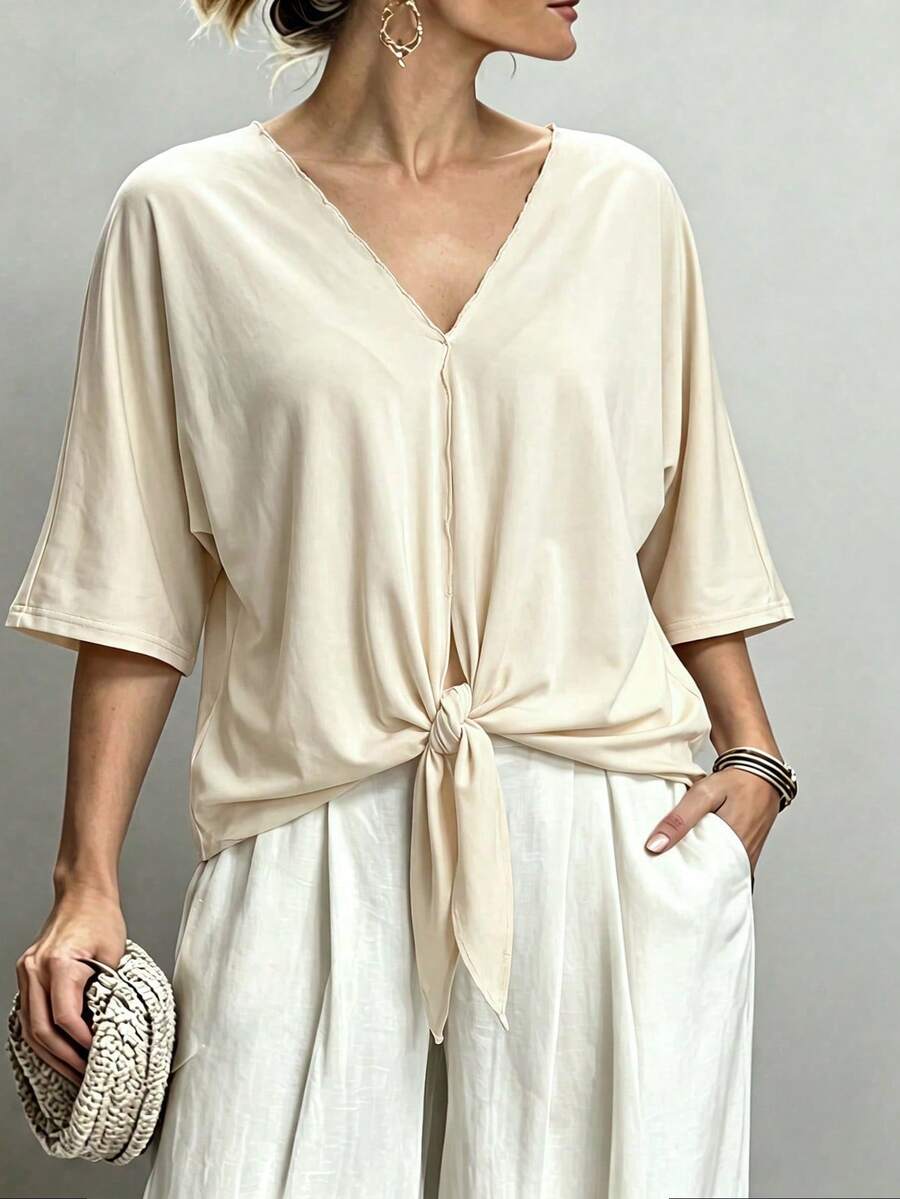 Linhara CURVE Plus Size Women's Solid Color V-Neck Short Sleeve Tie Hem Casual Baggy Shirt Formal Vacation White Summer - Apricot - View 1