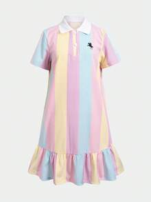 SHEIN Tween Girl Tween Girl Striped Knight Print Button Half-Placket Short Sleeve Dress - Multicolor - View 2