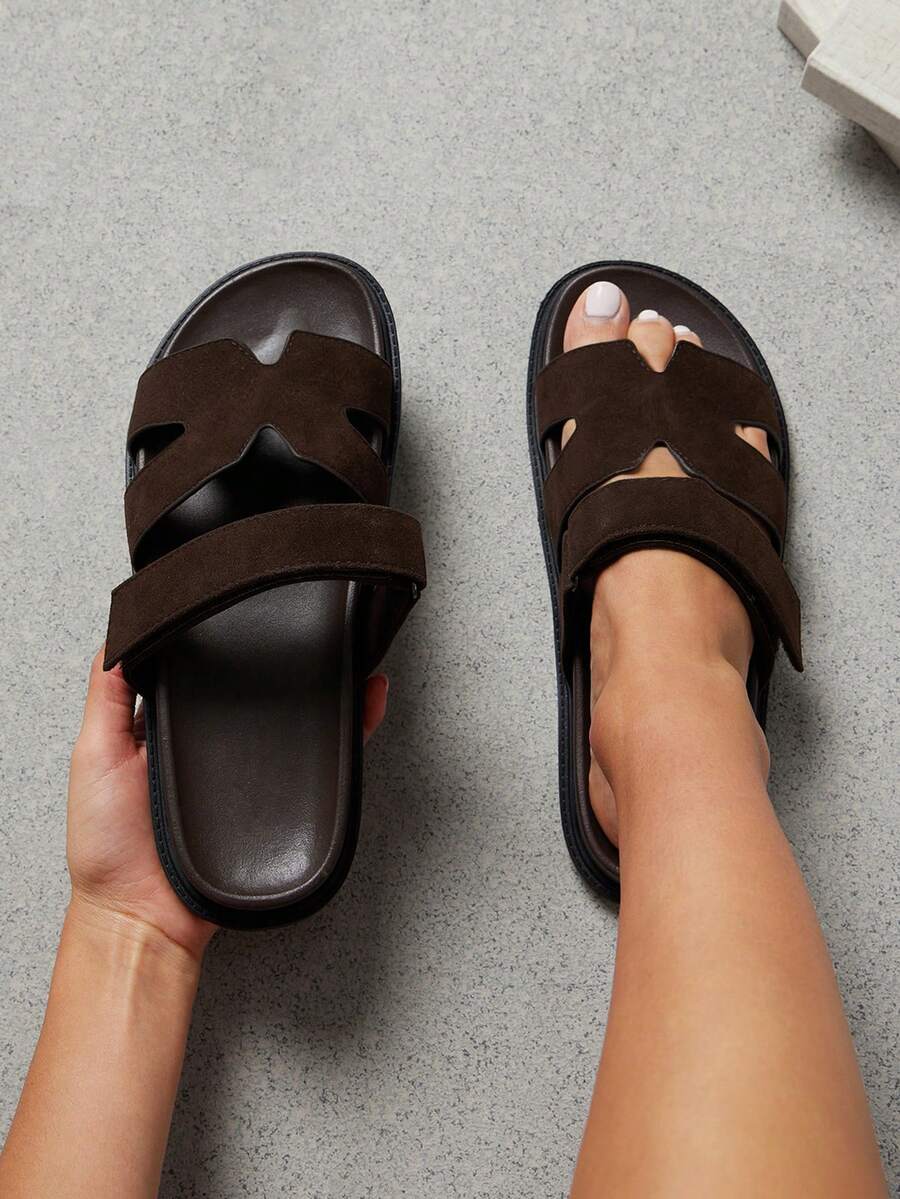 SHUZIA 女士舒适平底厚底日常基本款一脚蹬仿麂皮拖鞋 - 棕色 - 查看 1