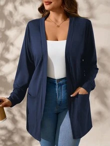 SHEIN Clasi Plus Size Black Long Sleeve Loose Knit Jacket With Pockets Winter Fall Autumn - Navy Blue - View 1