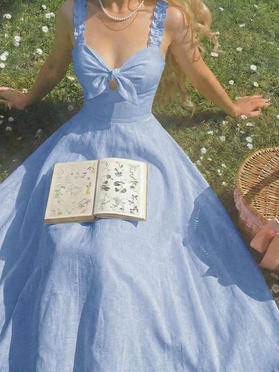 SHEIN MOD 女款純色極簡熱帶風日常扭結無袖中長洋裝,夏季野餐度假水藍色連身裙 - 淺藍色 - 查看 1