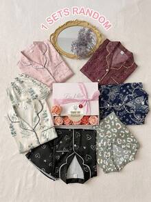 SHEIN 兒童青少年女孩春夏休閒居家緞面愛心印花翻領鈕扣襯衫與短褲家居服套裝 - 黑色 - 查看 3