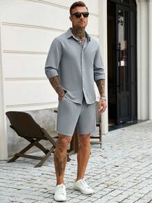 Manfinity CasualCool 男士兩件套：華夫格紋長袖襯衫與抽繩短褲，極簡寬鬆休閒商務通勤度假純色套裝 - 灰色 - 查看 3