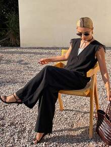 FRIFUL Women's Solid Color Deep V-Neck Shoulder Patchwork Sheer Mesh Straight Leg Loose Casual Versatile Spring Outfit Jumpsuit - Black - View 3