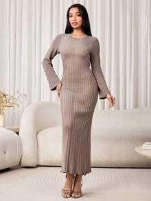 Veilorie Women's Solid Color Casual Daily Wear Knit Dress - Khaki - View 3
