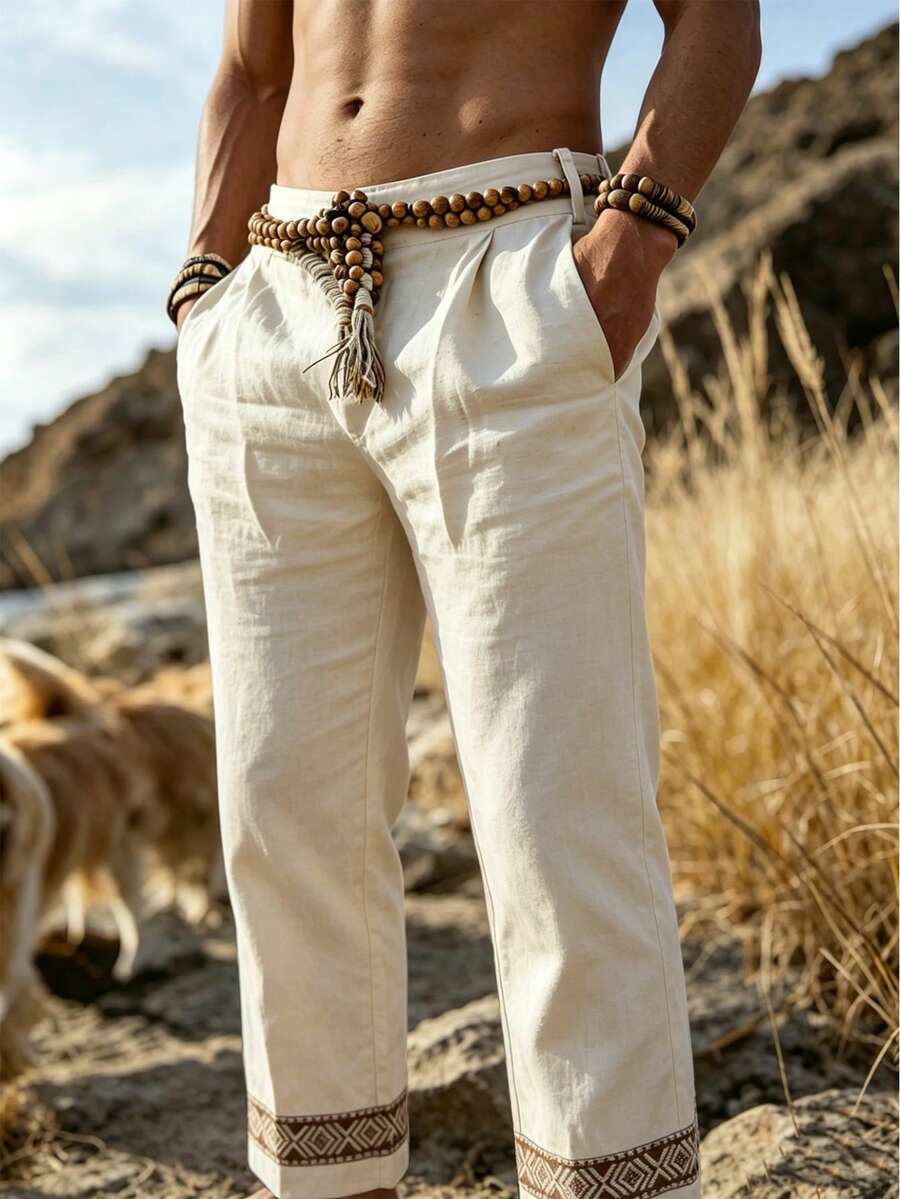 Manfinity Dauomo Men's Casual Tropical Vacation Pants With Woven Tape Decor Beach Vacation Brown Autumn - Beige - View 1