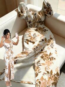 GlowEve CURVE Elegant Square Neck Short Sleeve Floral Print White Background Plus Size Dress, Suitable For Spring, Summer And Autumn - White - View 1