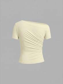 SHEIN Clasi 女款素色不對稱領短袖抓皺修身時尚T恤 - 彩色 - 查看 5