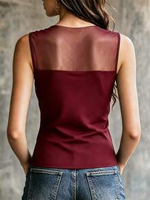 Everyssa Women's Solid Color Contrast Mesh Fitted Fashion Tank Top - Burgundy - View 2