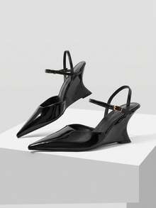 Mnmlis Spring And Summer Buckle Strap Design Pointed Wedge Heel Commuter Glossy Black Backspace High Heel Sandals Workplace Dating - Black - View 2