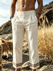 Manfinity Dauomo Men's Casual Tropical Vacation Pants With Woven Tape Decor Beach Vacation Brown Autumn - Beige - View 4