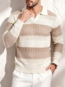 Manfinity Dauomo White Hollow Knit Long Sleeve Polo, Minimal 90s Korean Casual, Spring Autumn, Daily Dinner Formal Date Street Outfit, Men Lapel V Neck Knit Top - Multicolor - View 2