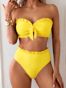 Swim Mod Women's Summer Beach Solid Color Ruffled Strapless Bikini Set - Yellow - View 5