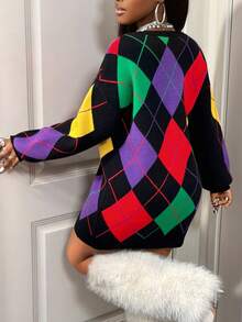 BamGleam Rhombus Plaid Short Knitted Sweater Dress, Autumn New Arrival, Christmas Everyday School Black Cool Casual - Black - View 2