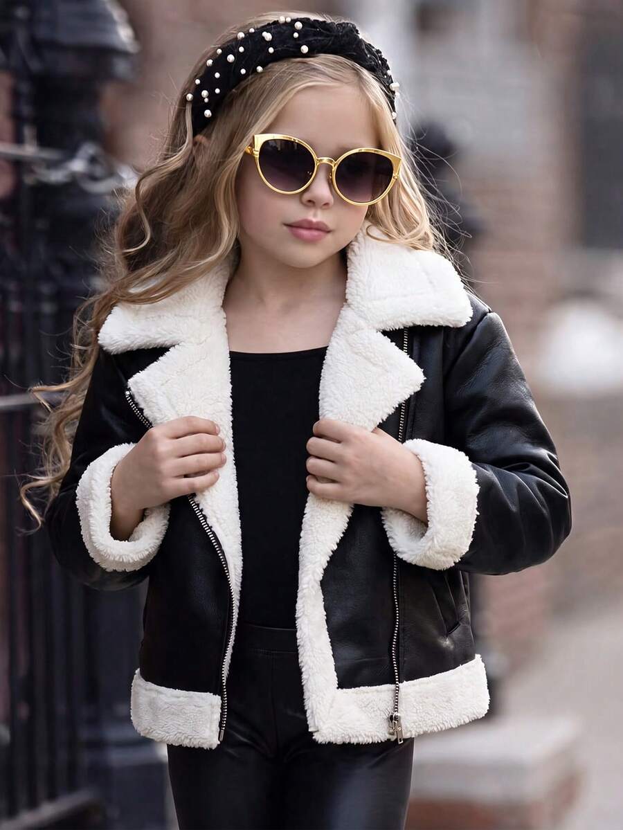 Emery Rose Kids Emery Rose Kids 女童拼色時尚拉鍊翻領PU材質秋冬夾克外套 - 黑色 - 查看 1