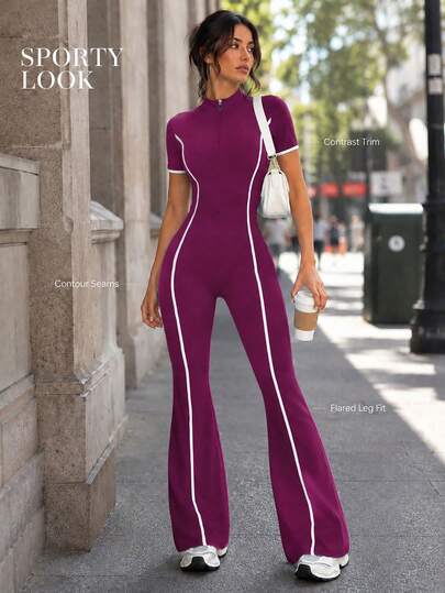 Dewbera Dewbera 1 buah Jumpsuit Lengan Pendek Model Mengembang dengan Resleting Setengah dan Kerah Tinggi Warna Ungu Putih Kontras, Potongan Slim Bodycon, Cocok untuk Olahraga, Aktivitas Sehari-hari, dan Musim Panas