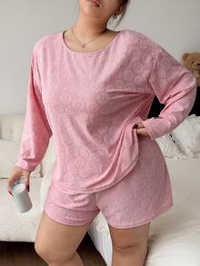 Napfluff CURVE Napfluff CURVE Jacquard Terry Cloth Round Neck Long Sleeve Shorts Casual Pajama Set - Pink - View 1