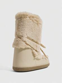 CUCCOO SZL Light Apricot Full Plush Splicing Medium Tube Snow Boots Women's, Surrounding Drawstring Round Toe Thickened Flat Bottom Simple Outdoor Boots - Light apricot - View 3