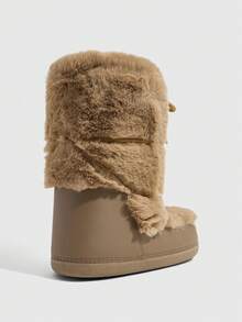 CUCCOO SZL Coffee Brown Full Plush Patchwork Mid-Calf Snow Boots For Women, Round Toe Thick Sole Flat Bottom Outdoor Winter Boots With Drawstring - Coffee Brown - View 3