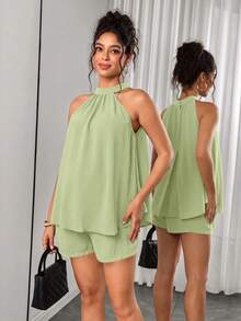 Momance 2pcs Maternity Set Halter Neck Sleeveless A-Line Loose Top With Adjustable Waist Straight Leg Shorts - Mint Green - View 8