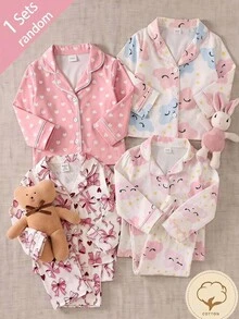 SHEIN 女嬰可愛粉色甜美蝴蝶結圖案開襟衫與長褲2件套居家服，秋冬款 - 彩色 - 查看 1