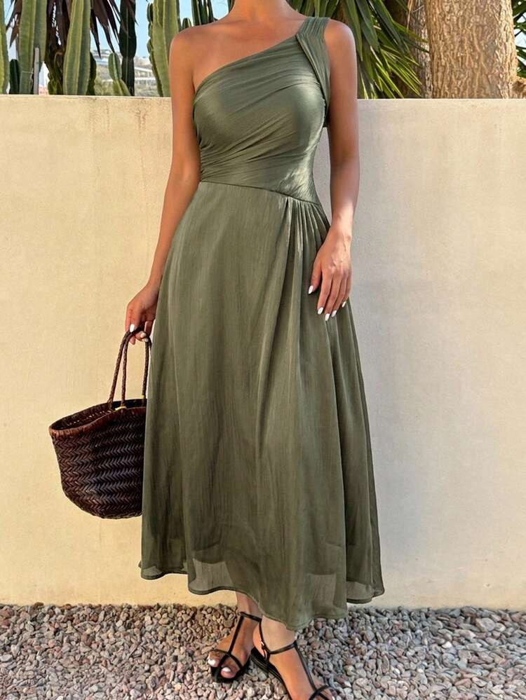 DAZY Women's Elegant Solid Color Asymmetric Neck Ruched Sleeveless Mid-Length Dress, Summer,Wedding Guest Dress Women Sundress - Green - View 4